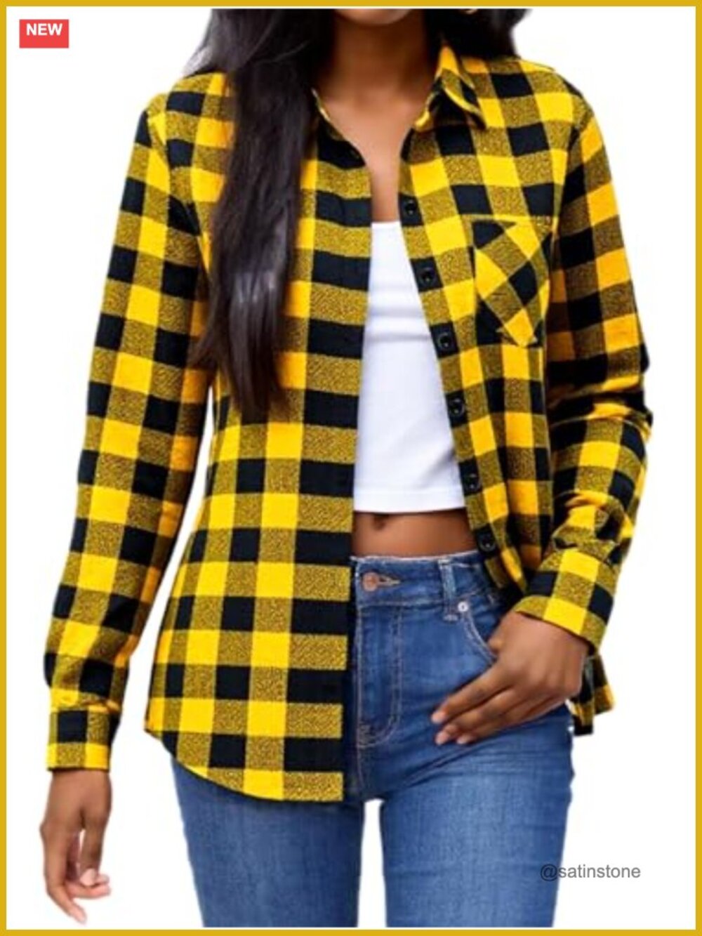 Women Flannel Plaid Long Sleeve Button Down Shirt